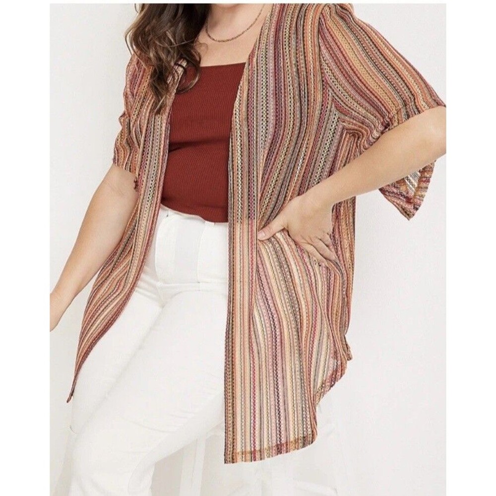 Maurices 0X Striped Multicolor Knit Kimono Cardigan Plus Size Boho Open Front